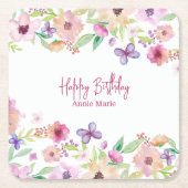 誕生日紫色の蝶パーソナライズされた スクエアペーパーコースター (正面)