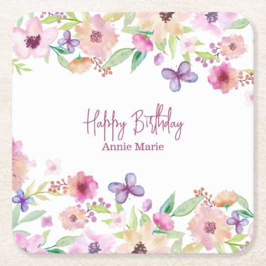 誕生日紫色の蝶パーソナライズされた スクエアペーパーコースター (正面)