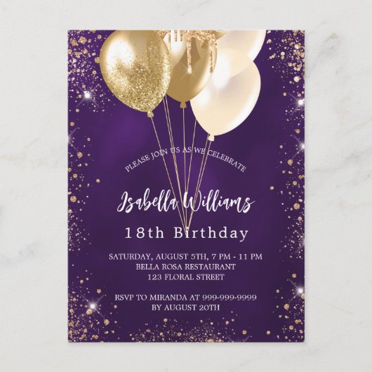 誕生日紫金ゴールドグリッターバルーン招待 インビテーションポストカード (正面)