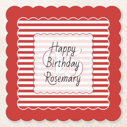 誕生日経過赤/白シンプルストライプパターン ペーパーコースター (正面)