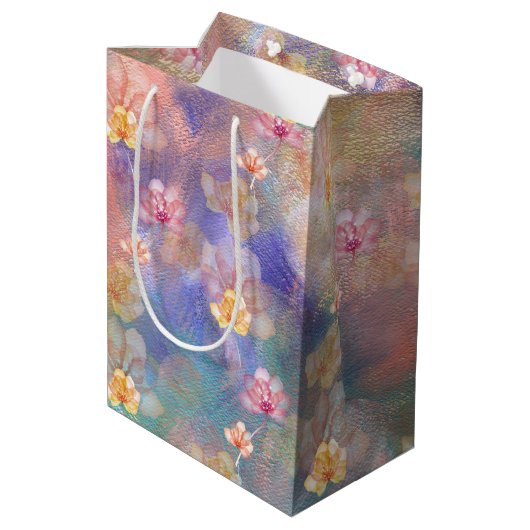誕生日絵を描抽象芸術と花 ミディアムペーパーバッグ (裏面アングル)