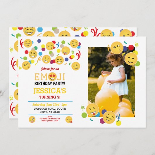 誕生日絵文字こども誕生日おもしろいハッピーフォト 招待状 (正面/裏面)