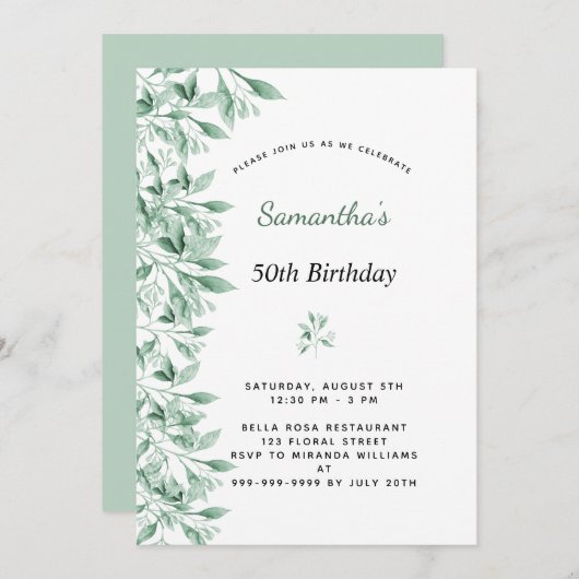 誕生日緑色植物性フローラモダンシック 招待状 (正面/裏面)