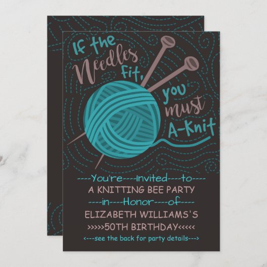 誕生日編み物ビーパーティー | おもしろい編み物糸 招待状 (正面/裏面)