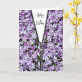 誕生日解凍ジッパーonパープルフロックス カード (黄色い花)