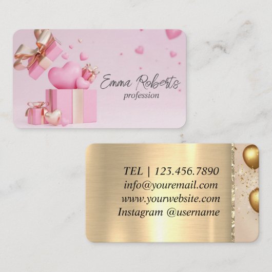 誕生日記念日ギフトホワイトピンク金ゴールドバルーン 名刺 (正面/裏面)