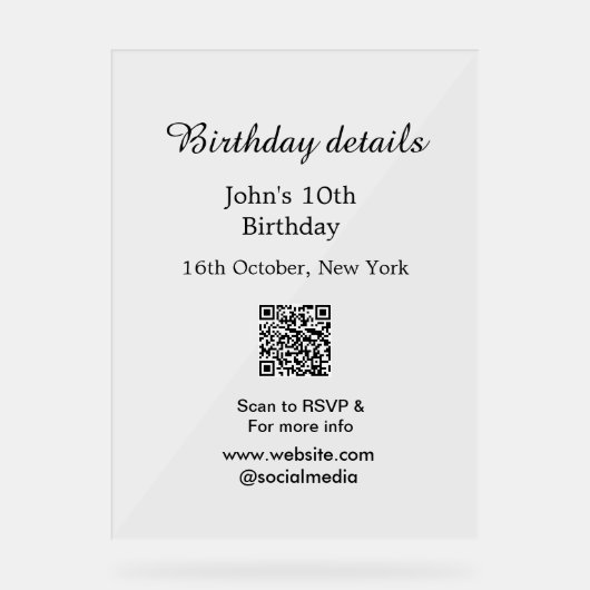 誕生日詳細10th birthday scan QR websiteRSVP アクリルサイン (正面)