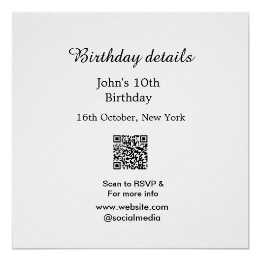 誕生日詳細10th birthday scan QR websiteRSVP ポスター (正面)
