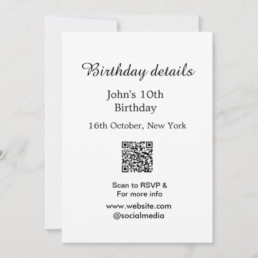 誕生日詳細10th birthday scan QR websiteRSVP 招待状 (正面)