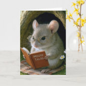 誕生日読マウスが木の穴に本を カード (黄色い花)