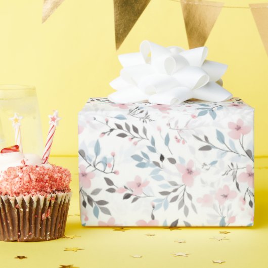 誕生日贈与 | ピンク、ブルー、グレーの花 ラッピングペーパー (誕生日パーティー)