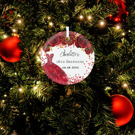 誕生日赤いドレスの花白 ガラスオーナメント