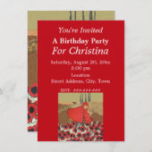 誕生日赤い乗馬フードピッキング花 招待状 (正面/裏面)