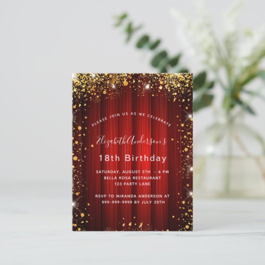 誕生日赤い金ゴールドは映画館の華やかさ インビテーションポストカード (スタンド正面)