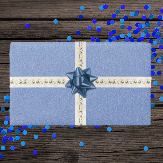 誕生日赤い青い鳥の枝黄色の花 サテンリボン