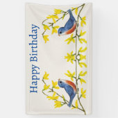 誕生日赤い青い鳥の枝黄色の花 横断幕 (縦)
