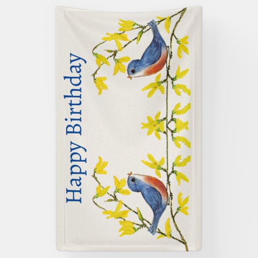 誕生日赤い青い鳥の枝黄色の花 横断幕 (縦)