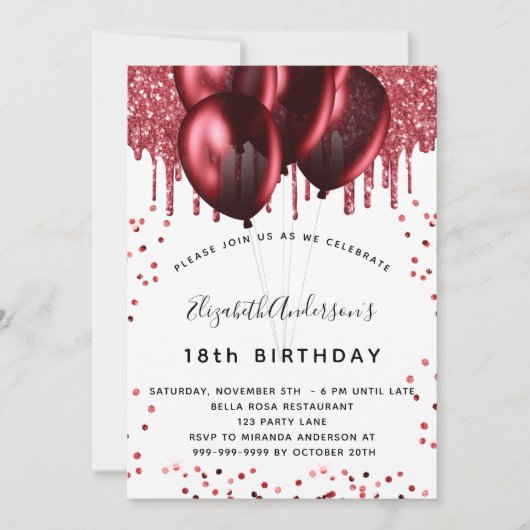 誕生日赤白グリッター風船 招待状 (正面)