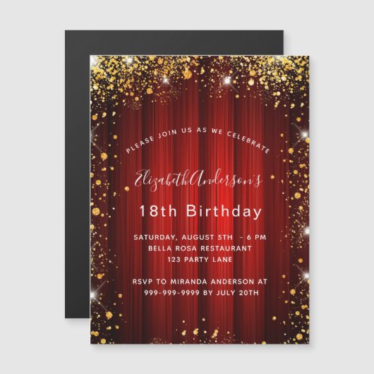 誕生日赤金ゴールドは映画館の豪華さを輝かせる マグネット招待状 (正面/裏面)