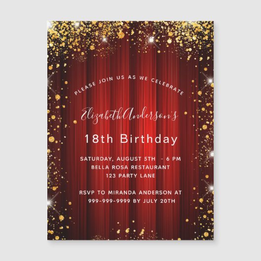 誕生日赤金ゴールドは映画館の豪華さを輝かせる マグネット招待状 (正面)