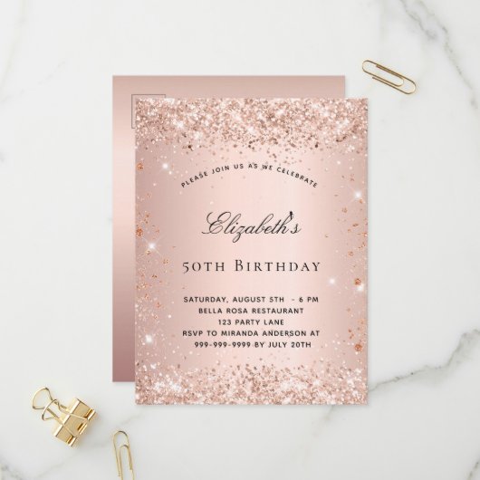 誕生日赤面バラ金ゴールドグリッタースクリエレガントプト インビテーションポストカード (正面/裏面インサイチュ)