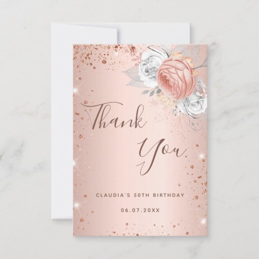 誕生日赤面バラ金ゴールドグリッターダスト花模様 サンキューカード (正面)
