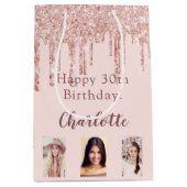 誕生日赤面バラ金ゴールドグリッター乾燥写真 ミディアムペーパーバッグ (正面)