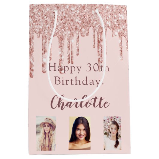 誕生日赤面バラ金ゴールドグリッター乾燥写真 ミディアムペーパーバッグ (正面)