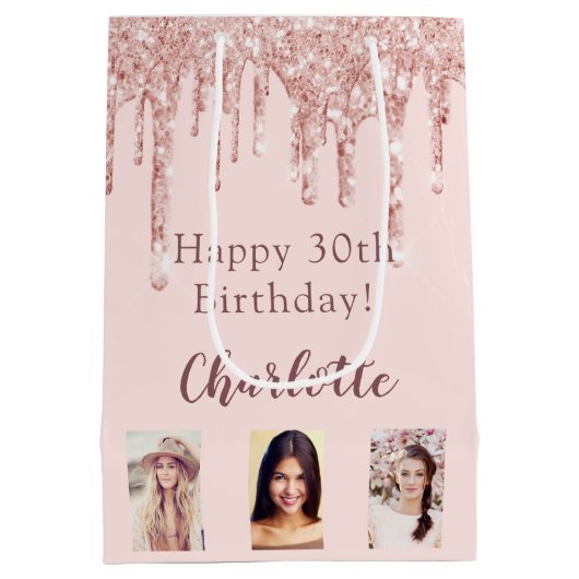 誕生日赤面バラ金ゴールドグリッター乾燥写真 ミディアムペーパーバッグ (裏面)