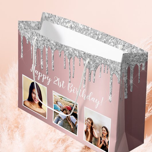 誕生日赤面ピンクグリッターカスタムフォトシルバー ラージペーパーバッグ