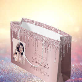 誕生日赤面ピンクグリッタードリップ名写真 ラージペーパーバッグ