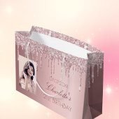 誕生日赤面ピンクグリッタードリップ名写真 ラージペーパーバッグ