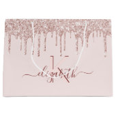 誕生日赤面ピンクグリッターバラ金ゴールドモノグラム ラージペーパーバッグ (正面)