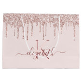 誕生日赤面ピンクグリッターバラ金ゴールドモノグラム ラージペーパーバッグ (裏面)