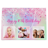 誕生日赤面ピンクパープルホログラフィックフォト ラージペーパーバッグ (正面)