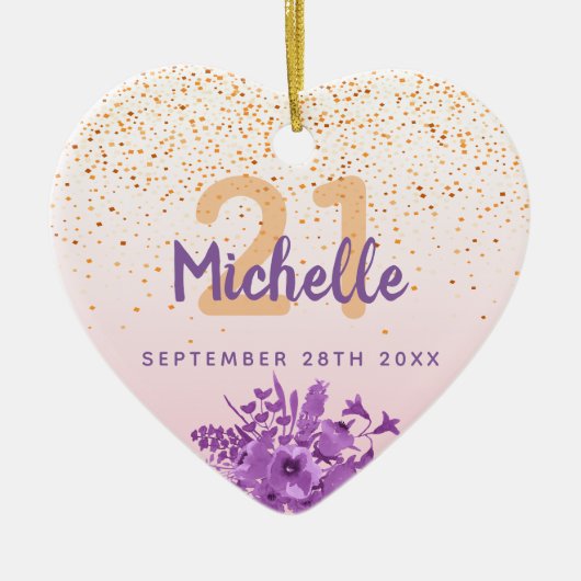 誕生日赤面ピンクパープル花模様モノグラム セラミックオーナメント (正面)