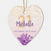 誕生日赤面ピンクパープル花模様モノグラム セラミックオーナメント (左)