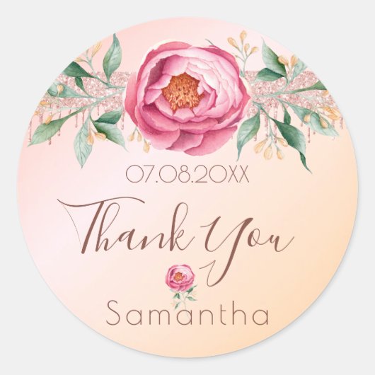 誕生日赤面ピンクローズグリッター感謝していフローラyou ラウンドシール (正面)