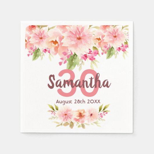 誕生日赤面ピンク花模様ホワイトモノグラム スタンダードカクテルナプキン (正面)