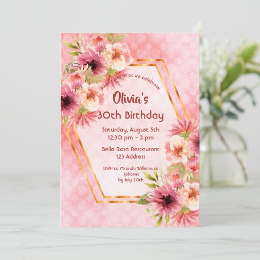 誕生日赤面ピンク花模様幾何学的 招待状 (スタンド正面)