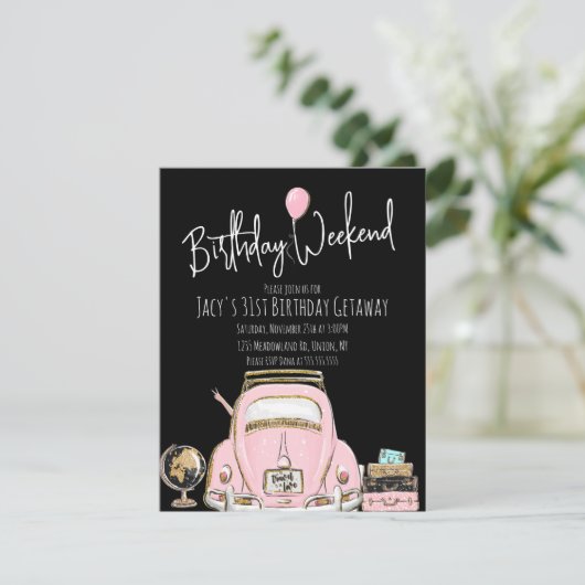 誕生日週末旅行誕生日グリッターピンク 招待状 (スタンド正面)