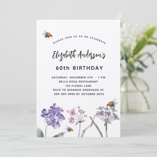 誕生日野の花紫色のピンクのハチの自然 招待状 (スタンド正面)