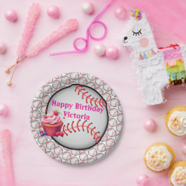 誕生日野球ピンク+ホワイトストライプ紙皿 ペーパープレート