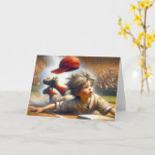 誕生日野球少年が家に滑り込むプレート カード (黄色い花)