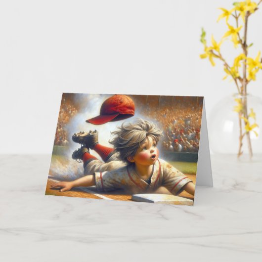 誕生日野球少年が家に滑り込むプレート カード (黄色い花)