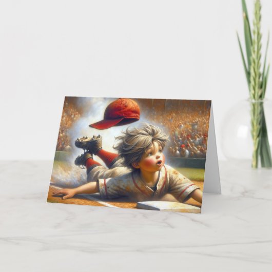 誕生日野球少年が家に滑り込むプレート カード (正面)