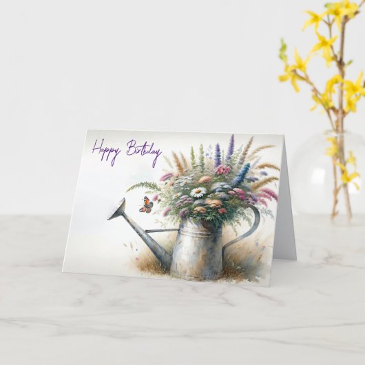 誕生日野草古い散水缶 カード (黄色い花)