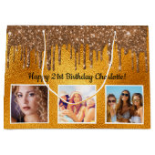 誕生日金ゴールドカスタムフォトドライブ ラージペーパーバッグ (正面)