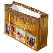 誕生日金ゴールドカスタムフォトドライブ ラージペーパーバッグ (正面アングル)