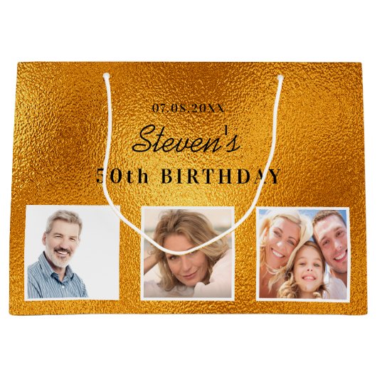 誕生日金ゴールドカスタム光金属モノグラム ラージペーパーバッグ (正面)